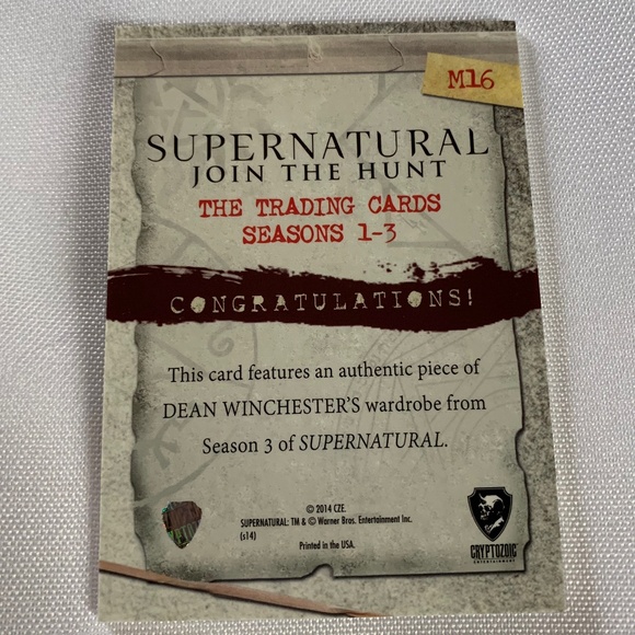 Authentic Cryptozoic Wardrobe Trading Card from the TV Show Supernatural! - Picture 2 of 2
